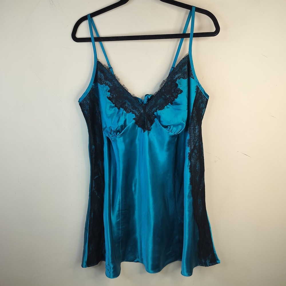 Cacique Satin Slip Nightgown 18 / 20  Womens Lace Trim Romantic Teal Black